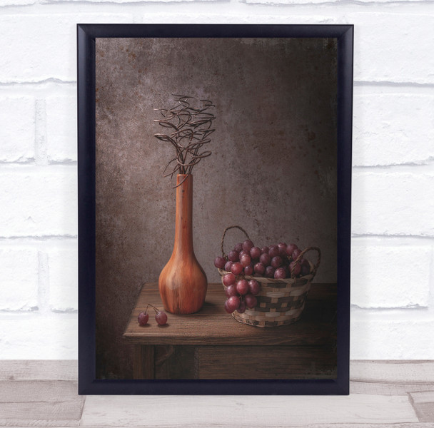 Grapes Grape Fruit Basket Vase Vases Still Life Rustic Wall Art Print