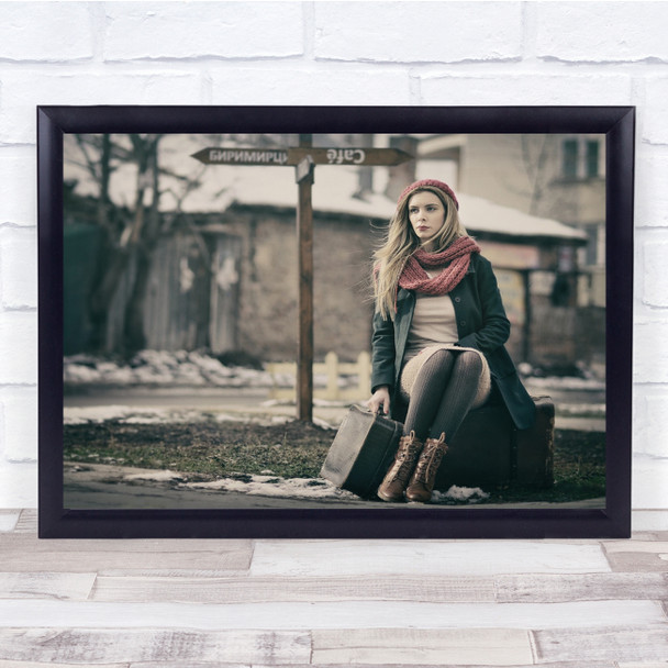 Sign Cafe Travel Journey Destination Road Winter Woman Wall Art Print