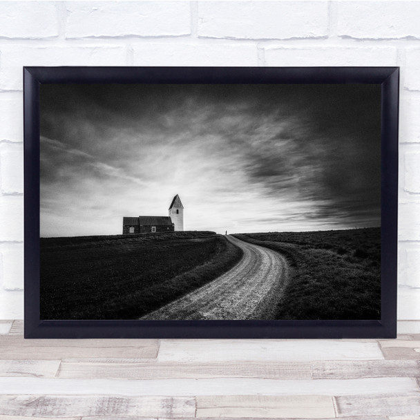 Trans Kirke Lemvig chapel landscape road Black & White Wall Art Print