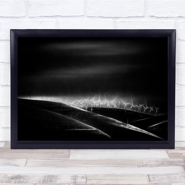 Black & White Electric Wind Turbines Field View Moody Wall Art Print