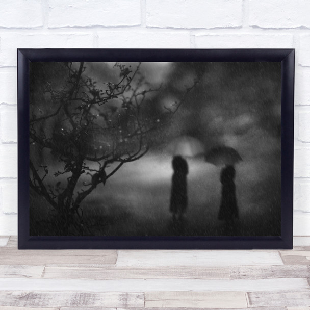 Black and white Mood Rain Night Woman Tree Umbrellas Wall Art Print