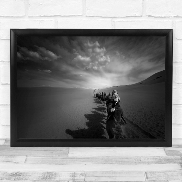 Landscape Desert Camels Black & White Dark Sand Ride Wall Art Print