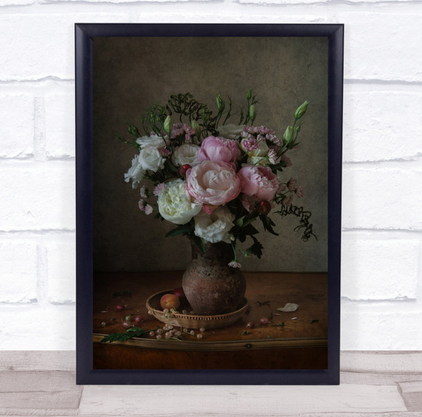 Peonies In An Earthenware Jug pink and white flowers Wall Art Print