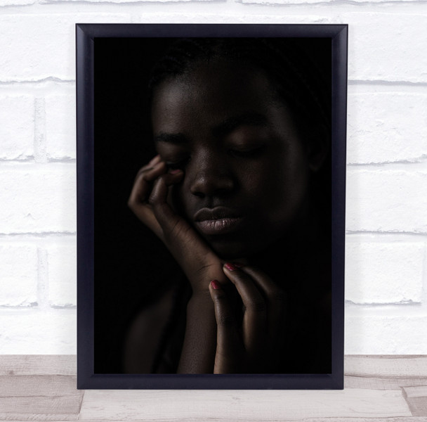 Woman sad expression red nails close up hand on face Wall Art Print