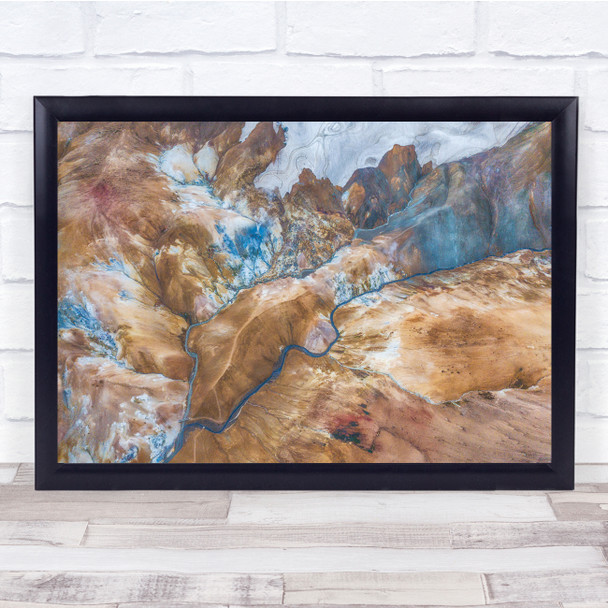 Aerial Above Landscape Iceland Brown River Mountain Wall Art Print