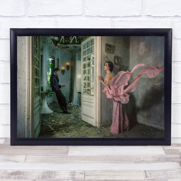 La Espera woman pink dress man suit destroyed house Wall Art Print