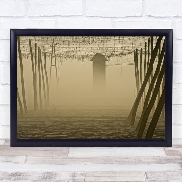 Morning In Lines fence poles little hut foggy Sepia Wall Art Print