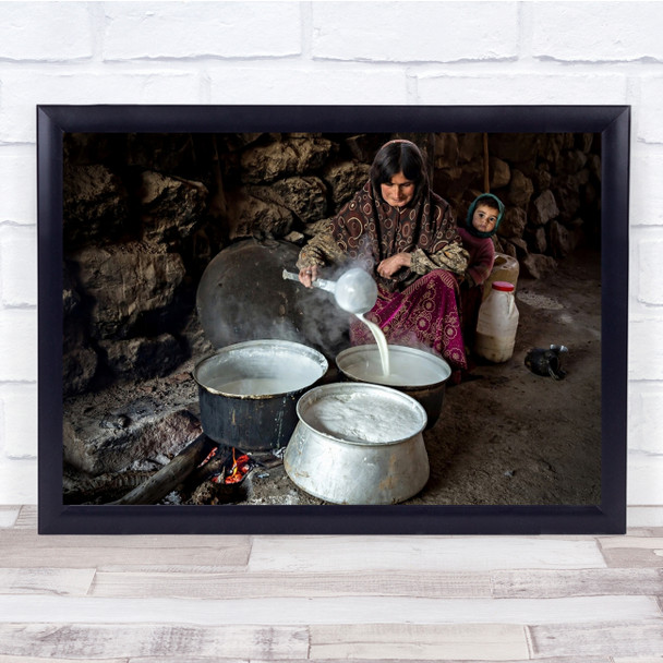 Old woman and child Lifestyle Cooking Pot Fire Food Wall Art Print