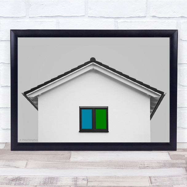 Open Your Eyes green and blue window white building Wall Art Print