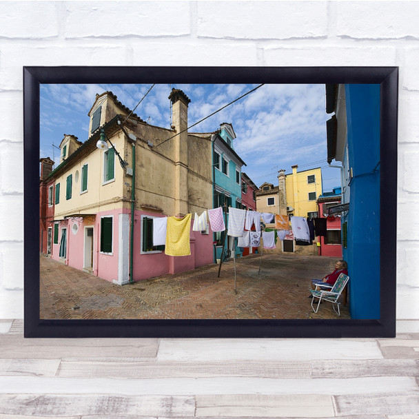 Pastel Colours Street Old Lady Laundry Drying Alley Wall Art Print