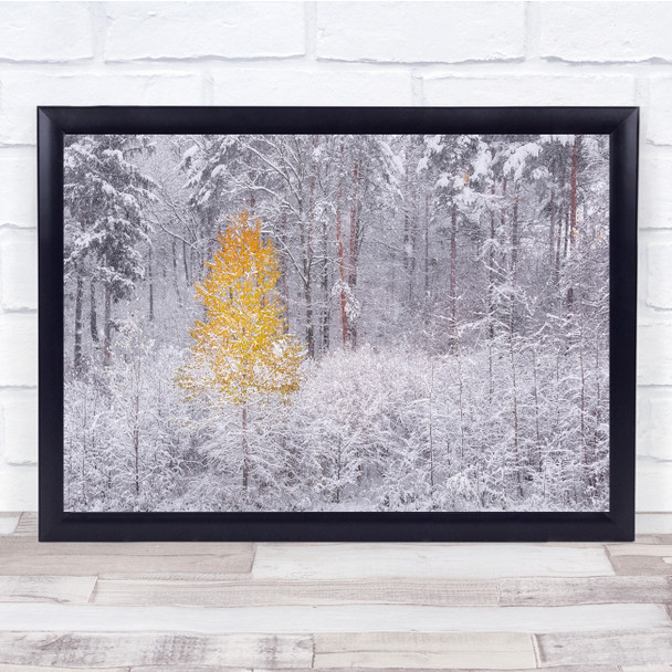 Winter Autumn Tree Snow Snowy Cold Ice Yellow White Wall Art Print