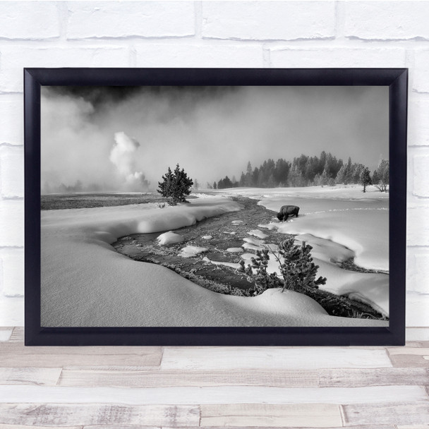 Winter Snow Hot spring black and White Thermal pool Wall Art Print