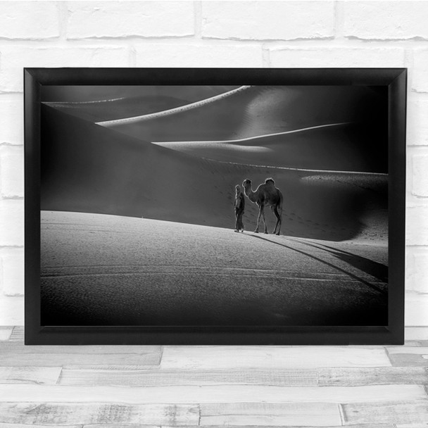 Camels Journey Wanderer Black & White Desert Dunes Wall Art Print