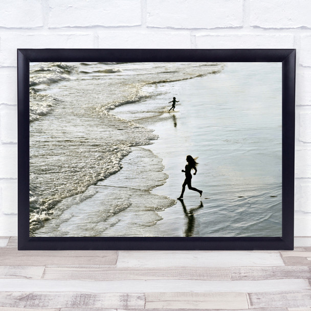 Contrast Join woman and child running on beach sea Wall Art Print