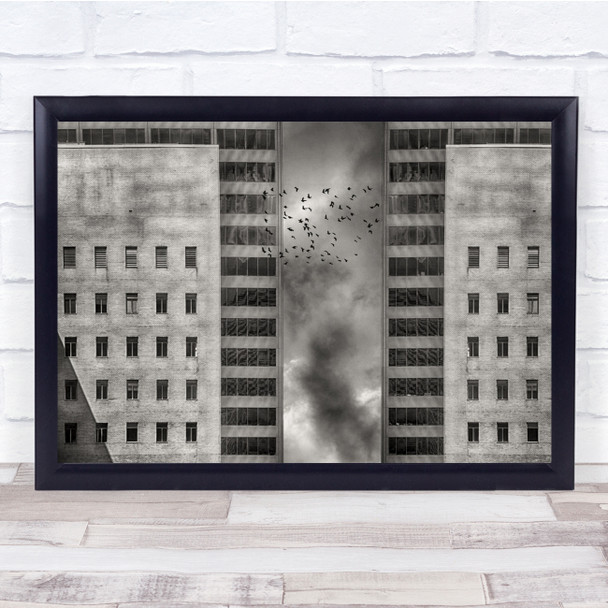 Migration Two symmetrical buildings flock of birds Wall Art Print