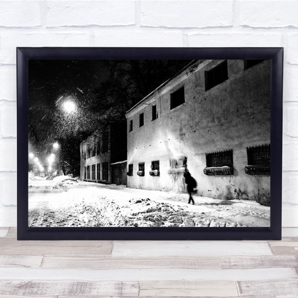 snow Today buildings night walking black and white Wall Art Print