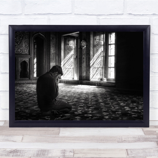 1Prayer man kneeling windows church Black & White Wall Art Print