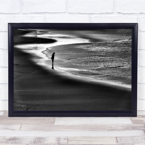 black and white Seaview walking along the seahore Wall Art Print