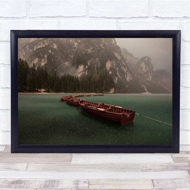 Boats Storm Rainy Water Lake Mountain Rowboat Red Wall Art Print