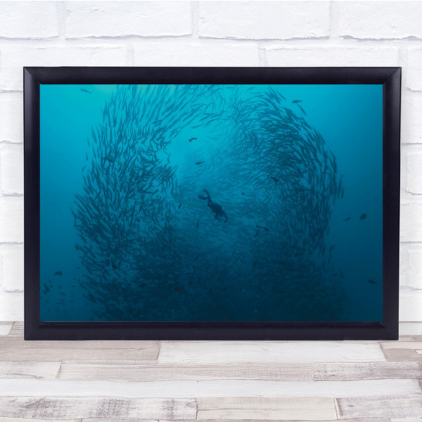 Diver Scuba Blue Fish Schooling underwater nature Wall Art Print