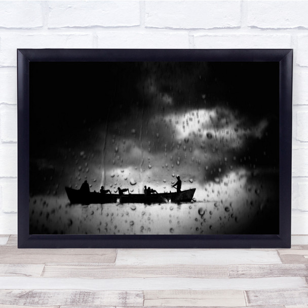 Fishing Rainy Day Clouds row boat black and white Wall Art Print
