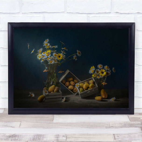 Mango Litchi Fruit Daisy Flower Yellow Still Life Wall Art Print