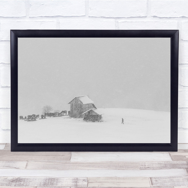 Black & White Snowy Farmhouse silhouette walking Wall Art Print