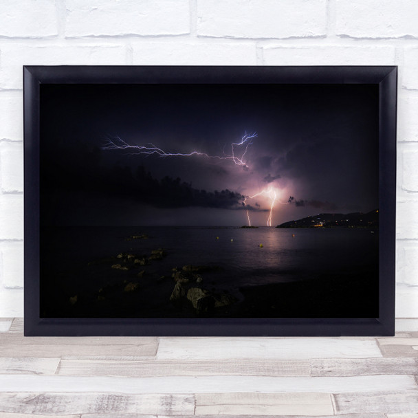 Casalvelino Italy Lightning on sea mountain city Wall Art Print