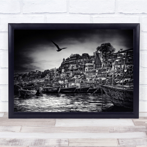 India Ganges Travel Water River City Urban Boats Wall Art Print