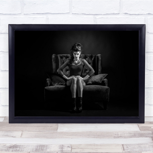 Lady Sat In Chair Black White Leather Mysterious Wall Art Print