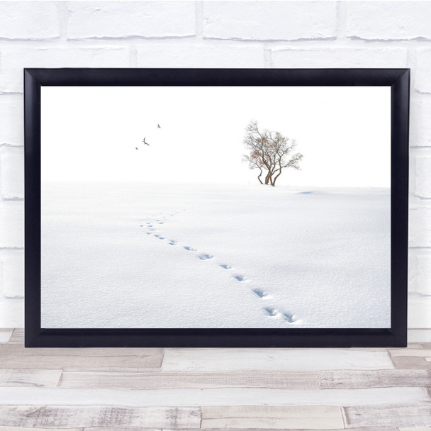 Landscape footprints tree snow tree birds flying Wall Art Print