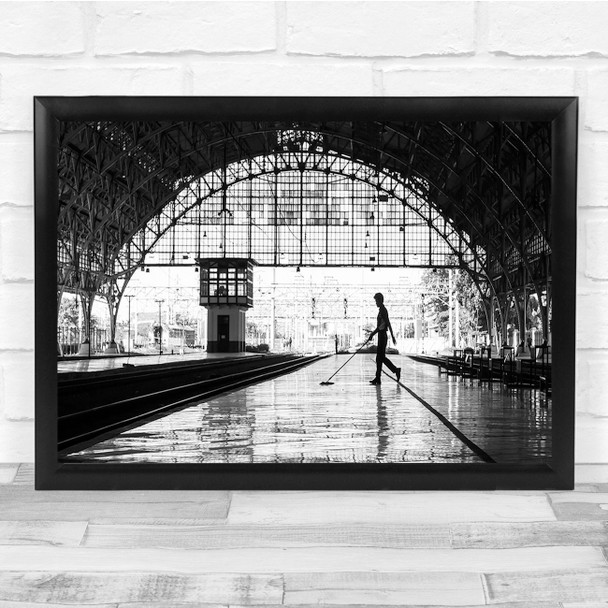 Panoramic Station Platform Cleaner Black & White Wall Art Print