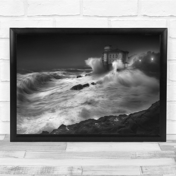 Sea Waves Storm Seascape Landscape Black & White Wall Art Print