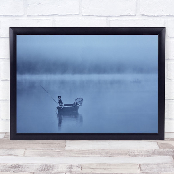 Still Waiting boat fishing reflection misty lake Wall Art Print