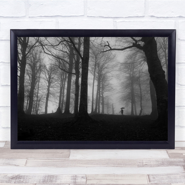 black and white forest misty morning silhouette Wall Art Print