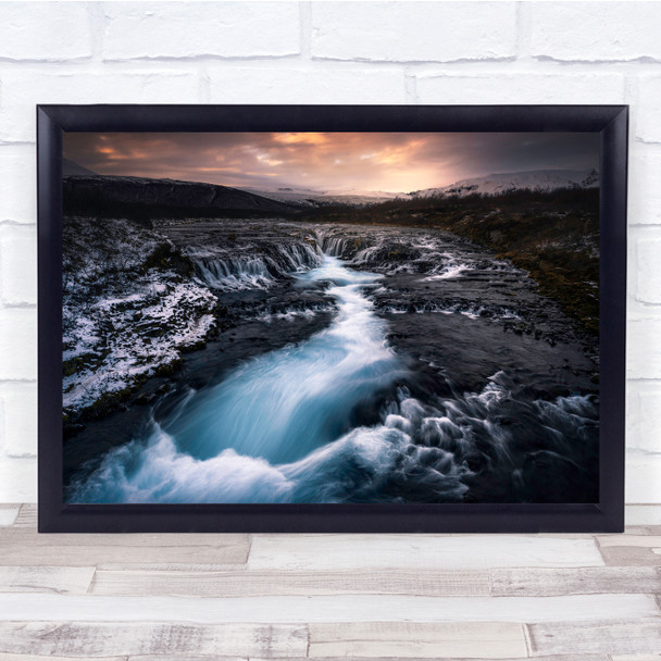 Bruarfoss Iceland River Blue Winter Snow Sunset Wall Art Print