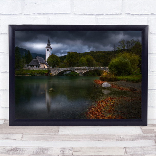 Church Bridge Tower Water Fall Autumn Landscape Wall Art Print