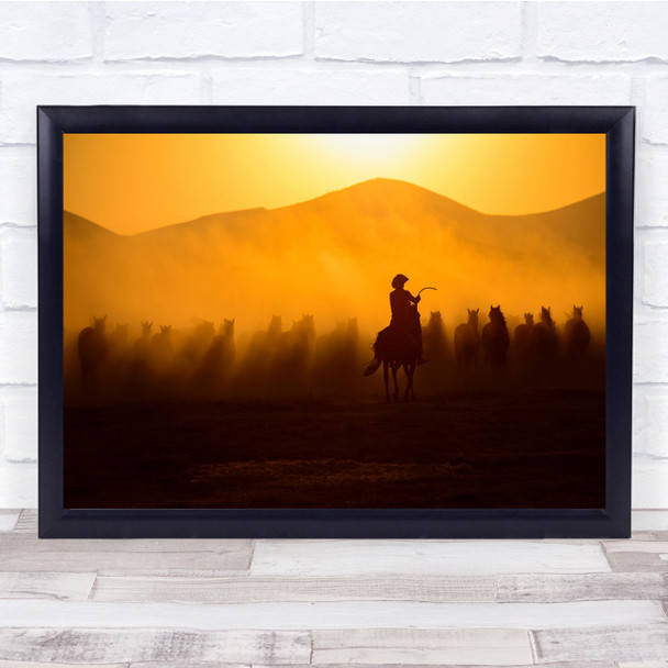 Horses Run Sunset Dust Fire Warm Action Animals Wall Art Print