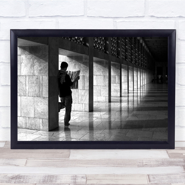 Mosque Newspaper Man Read Reading Black & White Wall Art Print