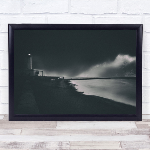 Black & White grey stormy lighthouse sea ocean Wall Art Print