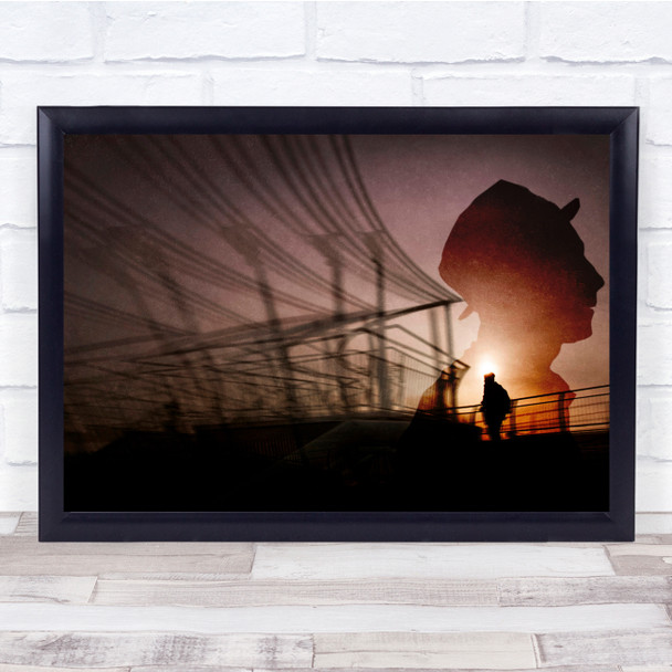 double exposure sunset power lines silhouettes Wall Art Print