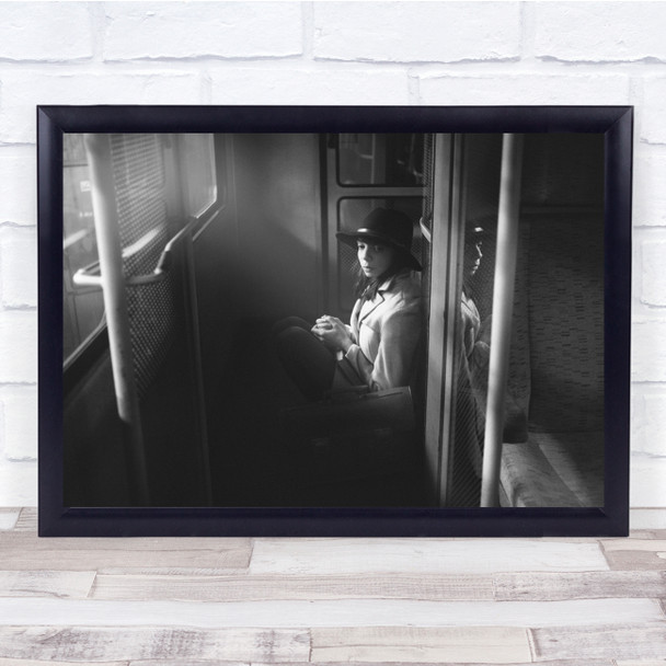 Girl With Bag and hat on train black and white Wall Art Print