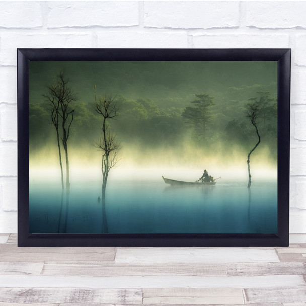 Man on Boat Lake Blue Water Trees Foggy Nature Wall Art Print