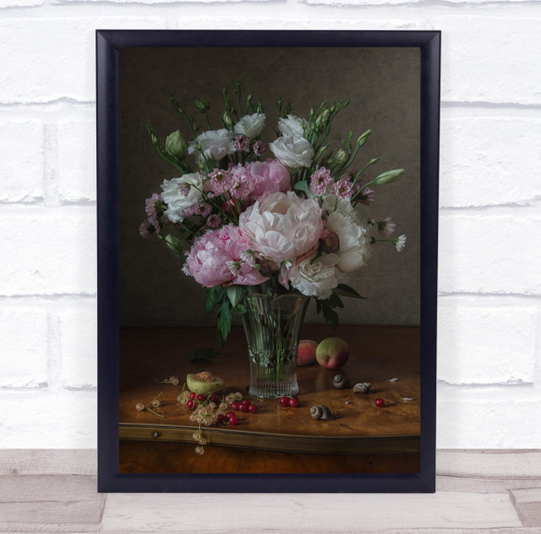 Peonies And Eustoma pink and white flower vase Wall Art Print
