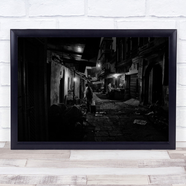 Varanasi Old messy alley market selling people Wall Art Print