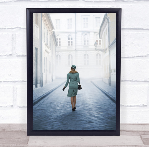 Walk Like A Lady green fashion white buildings Wall Art Print