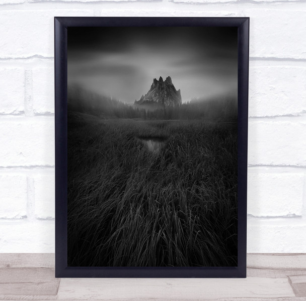 Weeds mountain foggy landscape black and white Wall Art Print