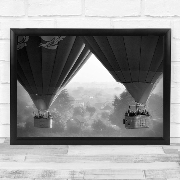 Hot Air Balloons Village Flight Black & White Wall Art Print