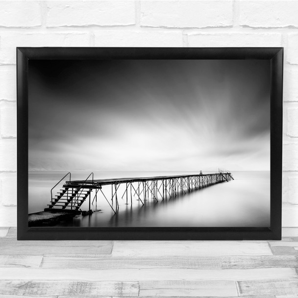 Monochrome Seascape Pier Bridge Black & White Wall Art Print