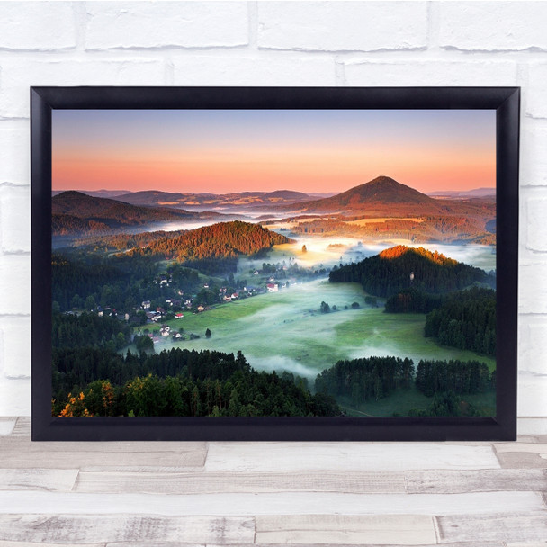 Mountain Sunrise Fog View Landscape Town Mist Wall Art Print